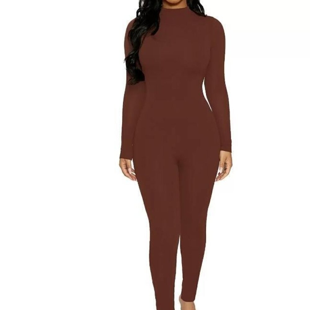 naked wardrobe Brown Long-Sleeve Fitted Jumpsuit
